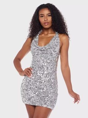 Silver Sequin Cowl Neck Mini Dress